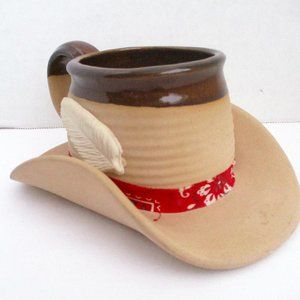 Vtg. Muddy Waters Pottery Cowboy Hat Collectible Coffee Mug Cup Red Bandana 1989